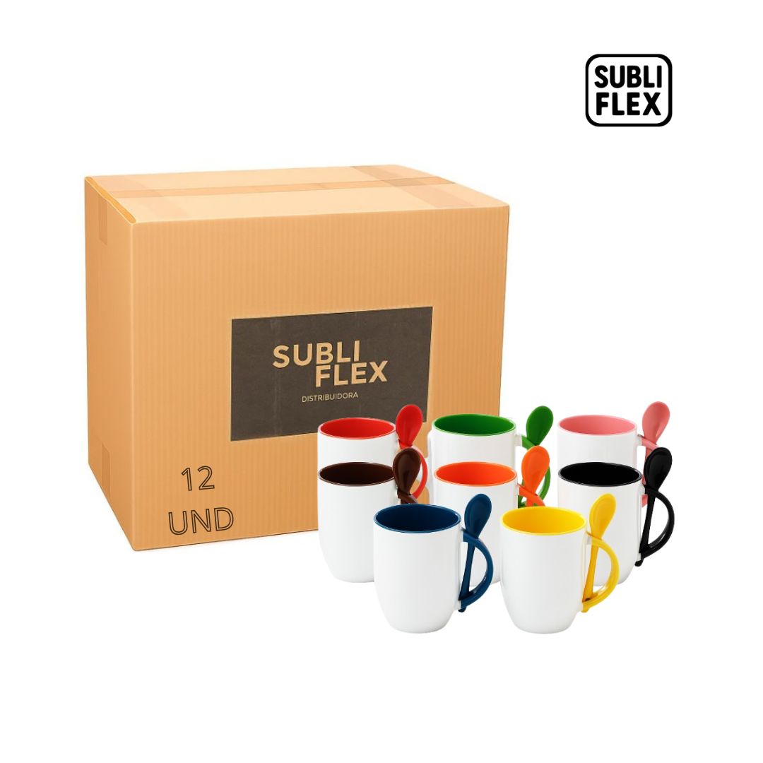 12 Canecas de Cerâmica Branca com Alça, Colher e Interior Cores - 320ml