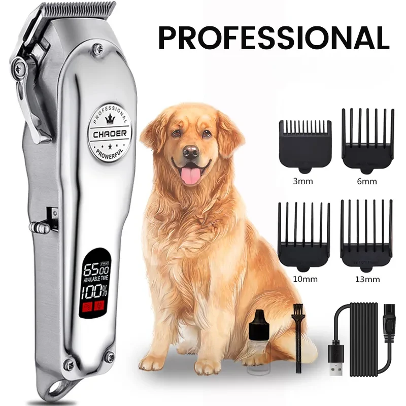 Aparador de Pelos Recarregável em Metal para Pets - Máquina Profissional de Corte para Cães e Gatos com Silêncio e Eficiência