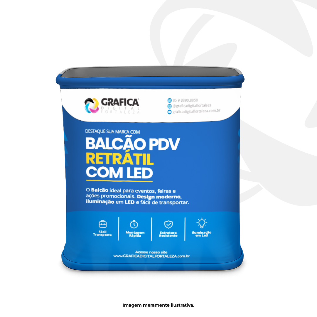 Balcão retrátil com iluminação LED 93x90x40cm Base em plástico com estrutura em alumínio 4x0 Tecido Helanca Colegial Acompanha bolsa de transporte