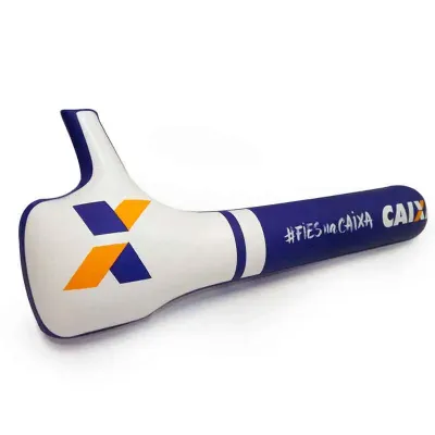 Bateco inflável tipo bastão em formato curtir, confeccionado em PVC, com acabamento em solda eletrônica, medindo 50x10cm