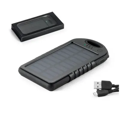 Bateria portátil solar em ABS com painel solar, LED e capacidade de 2.000 mAh