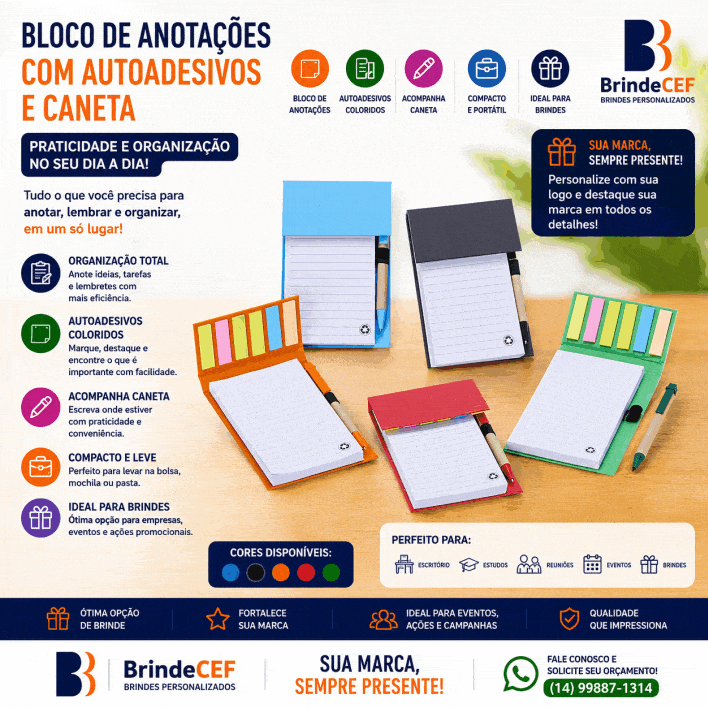 Bloco de Anotações com Autoadesivos e Caneta Personalizados