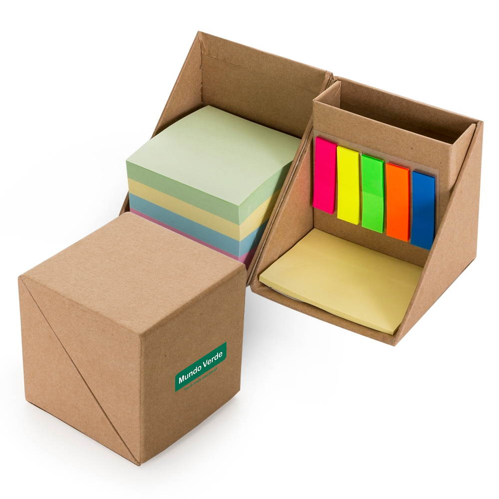 Bloco Ecológico de anotações em formato de cubo com porta canetas