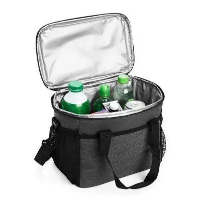 Bolsa Térmica 14L - Cinza, aberta mostrando diversas bebidas na parte interior