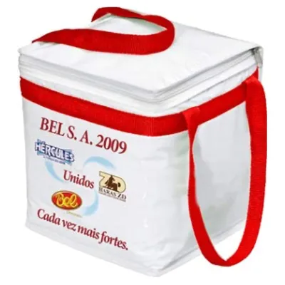 Bolsa térmica em pvc laminado, com espuma térmica e alça de mão.