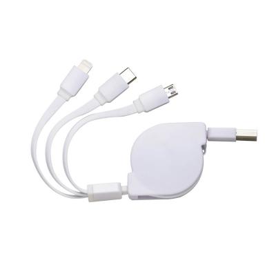 Cabo USB retrátil com as entradas Lightning/iPhone, V8/Android e Tipo-C/Android. Suporte com rola...