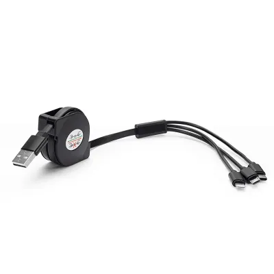 Cabo USB retrátil com as entradas Lightning/iPhone, V8/Android e Tipo-C/Android