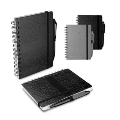 Caderno de anotações em ABS reciclável com aspiral e suporte para caneta.