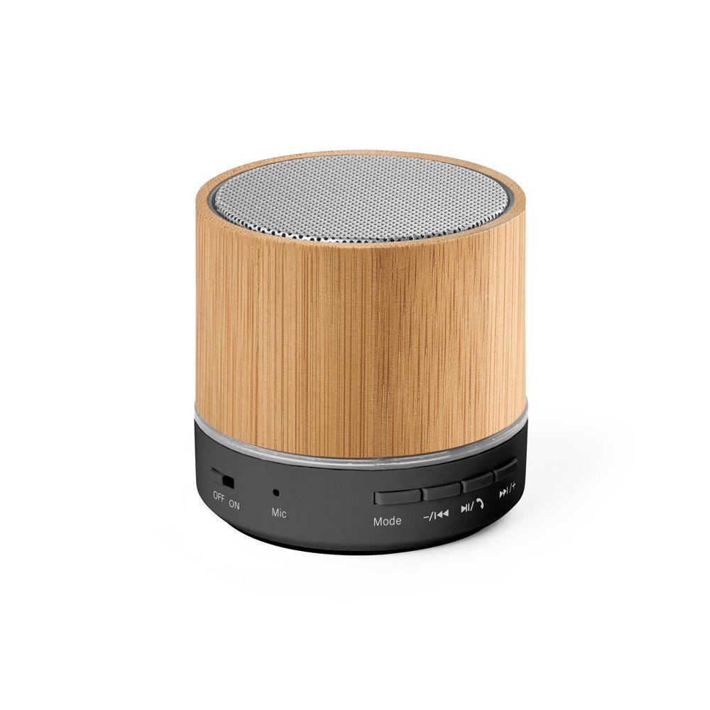 Caixa de som portátil em bambu e ABS 100% reciclado com microfone e autonomia de 4h30 -