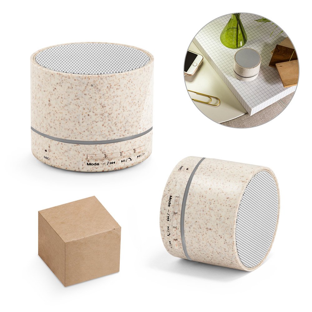 Caixa de som portátil em fibra de palha de trigo e ABS 100% reciclado com microfone e autonomia de 4h30 -