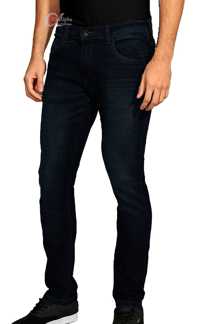 Calça jeans masculina modelo Slim fit para uniformes e fardamentos com elastano - Kit 10 pçs