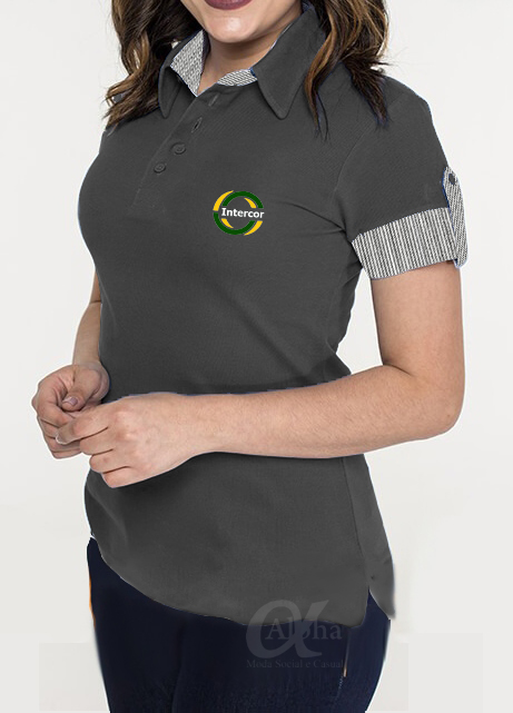 Camiseta polo feminina com detalhes em tecido para uniformes personalizados - kit 10 pçs
