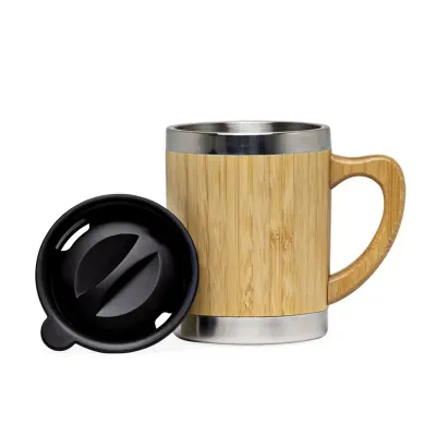 Caneca de bambu de 300ml, com tampa plástica