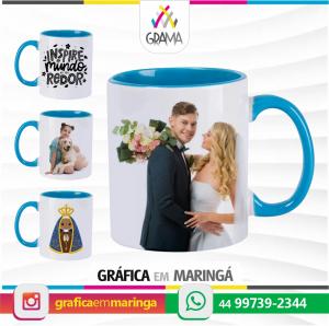 Caneca De Cerâmica PERSONALIZADA Branca Com Interior, Alça e Borda AZUL 325ml 325ml Porcelana Sublimação Brilho Personalização