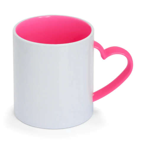 Caneca de Plástico Polímero Interior e Alça Coração Pink para Sublimação - 325ml