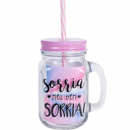 Caneca de Vidro Com Tampa E Canudo Rosa 420ml