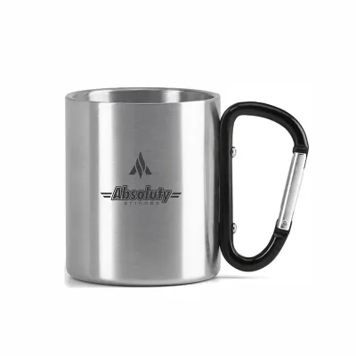 Caneca em aço inox, com pega em forma e função de mosquetão