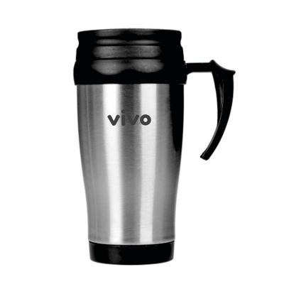 Caneca inox de 400ml revestida internamente com PVC, pegador e detalhes em plástico resistente. T...