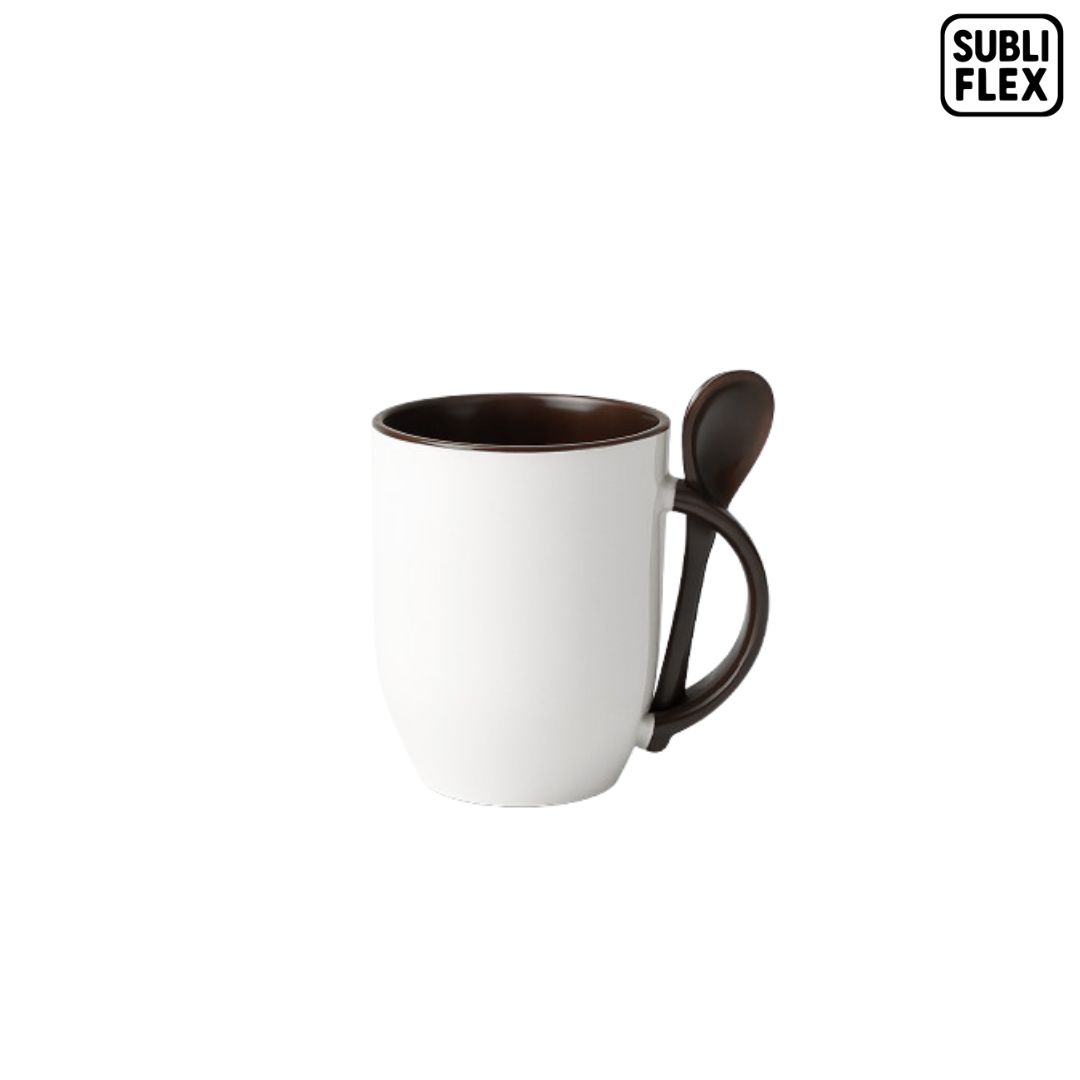 Caneca para Sublimação de Porcelana Branca com Alça, Interior e Colher Marrom - 330ml