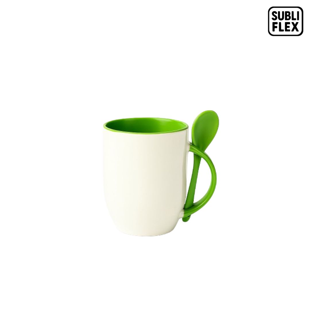 Caneca para Sublimação de Porcelana Branca com Alça, Interior e Colher Verde - 330ml