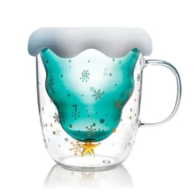 Caneca Tema Natal em Vidro Com Tampa Silicone