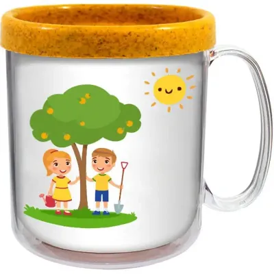 Caneca Termica Cristal Infantil 300ml Refil Colorido Fibra Madeira Amarelo