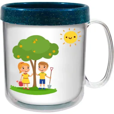 Caneca Termica Cristal Infantil 300ml Refil Colorido Fibra Madeira Azul