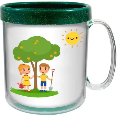 Caneca Termica Cristal Infantil 300ml Refil Colorido Fibra Madeira Verde