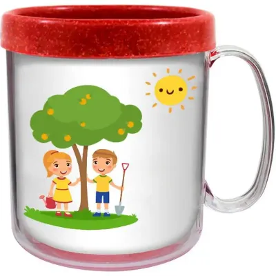 Caneca Termica Cristal Infantil 300ml Refil Colorido Fibra Madeira Vermelho