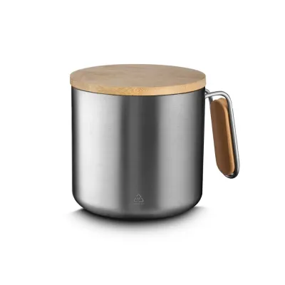 Caneca Termica Inox Com Tampa de Bambu 330ml