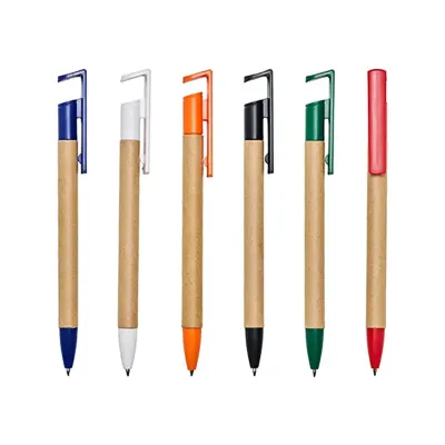 Caneta de papelão com suporte para celular: opções de cores