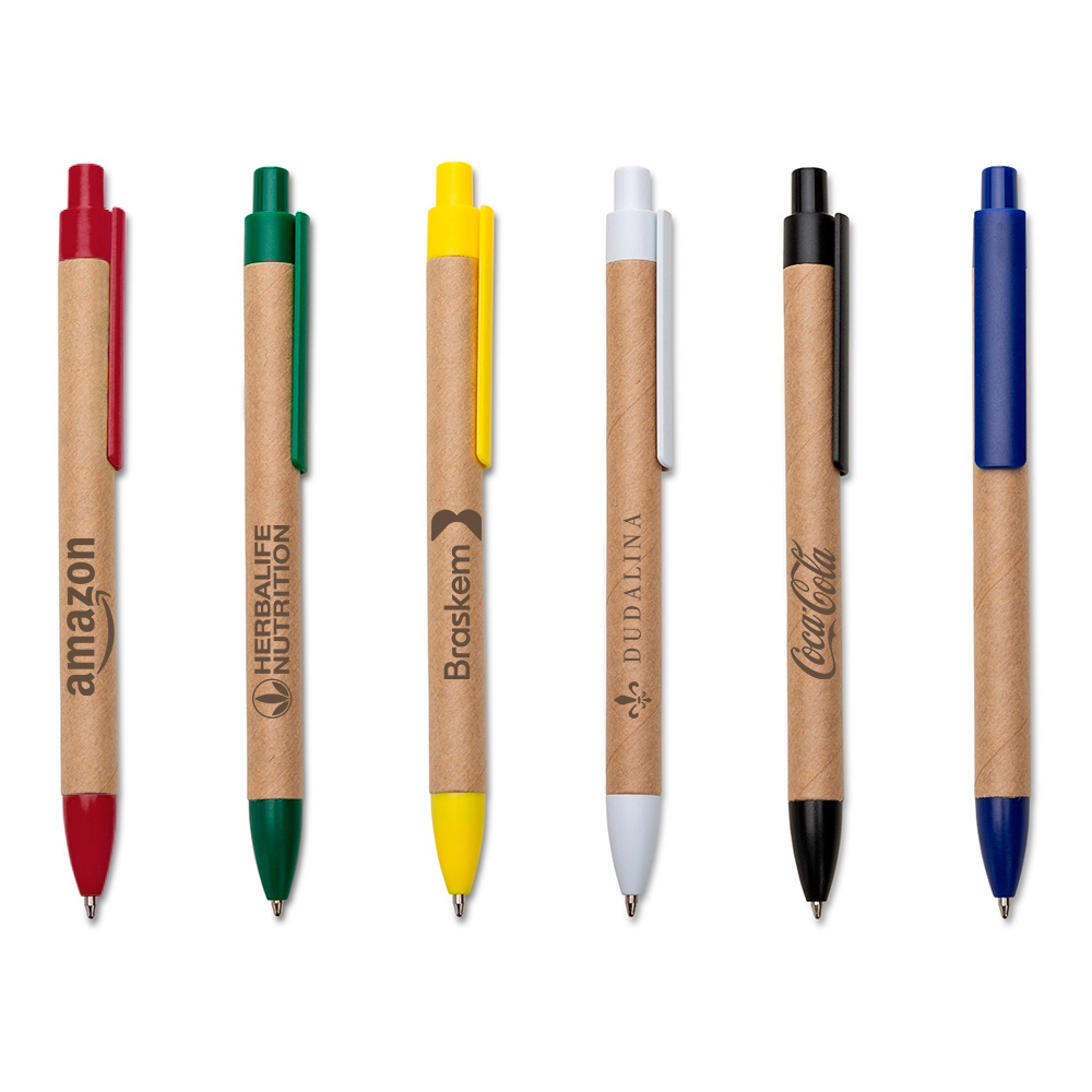 Caneta ecológica de papelão com detalhes coloridos