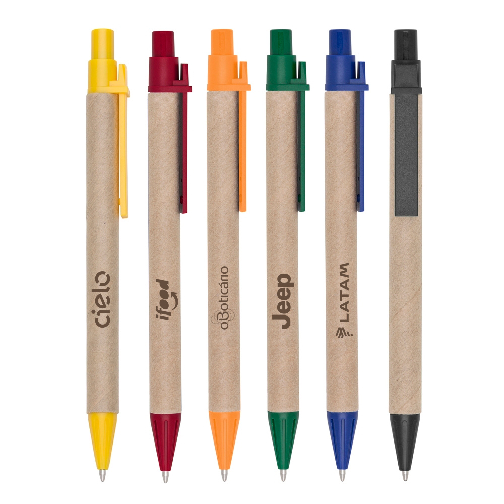 Caneta ecológica em papelão com detalhes coloridos