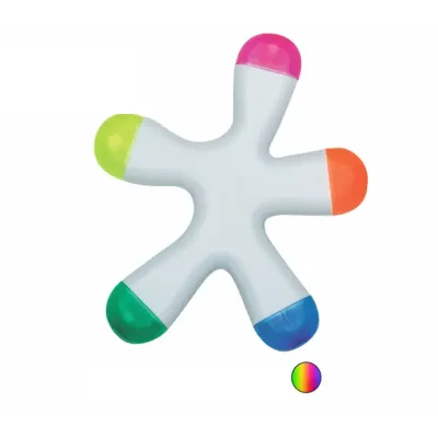 Caneta marca texto em formato splash na cor branca de frente e verso liso, possui as cores: azul, amarelo, laranja, rosa e verde.