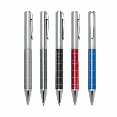 Caneta Metal Prata Com Detalhes Coloridos e Quadriculados