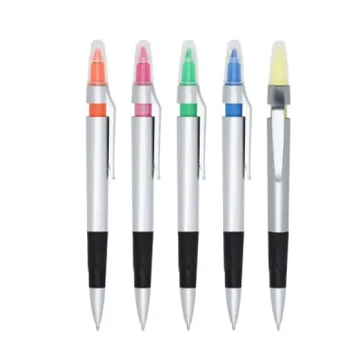 Caneta plástica com marca texto - opções de cores