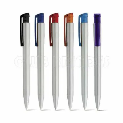 Caneta Plastica Prata Com Acionador Colorido