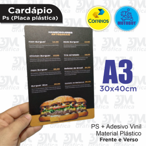 Cardápio PS A3 30x40cm PS 1mm + vinil Laminação Brilho Corte Reto