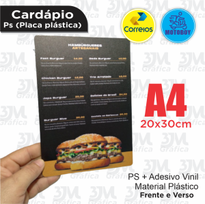 Cardápio PS A4 20x30cm PS 1mm + vinil Laminação Brilho Corte Reto