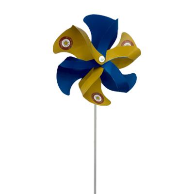 Catavento promocional 6 pontas amarelo e azul com logo