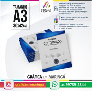 Certificados A3 30 x 42 cm Papel Reciclato 240g 4x0 Sem Revestimento Refile