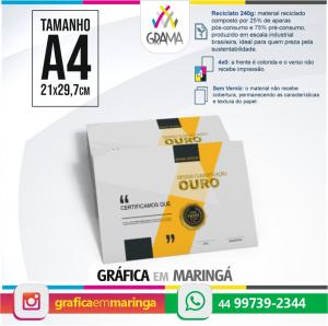 Certificados A4 21 x 29,7 cm Papel Reciclato 240g 4x0 Sem Revestimento Refile