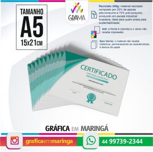 Certificados A5 15 x 21 cm Papel Reciclato 240g 4x0 Sem Revestimento Refile