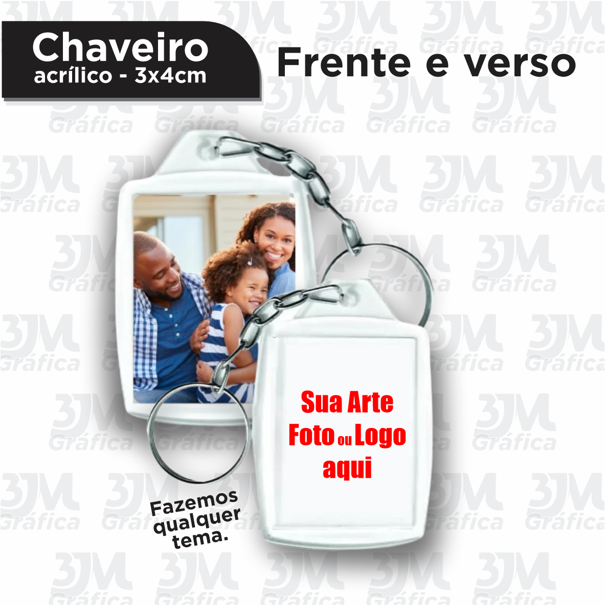 Chaveiro Acrílico 3X4 CM Acrilico Frente e Verso colorido Impressão em papel fotográfico 120g