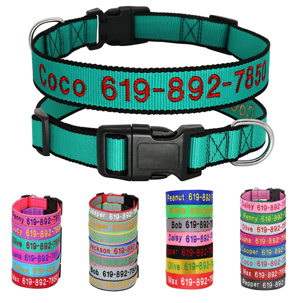 Coleira de Nylon Bordado Ajustável para Cães com Nome Personalizado, Ideal para Pequenos, Médios e Grandes Animais de Estimação
