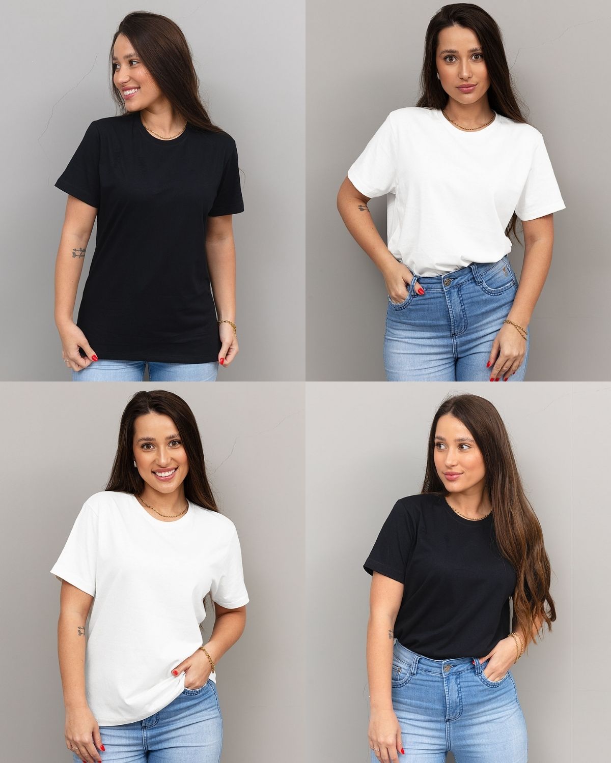 Combo 4 Camisetas Femininas 100% Algodão - 2 Pretas + 2 Brancas