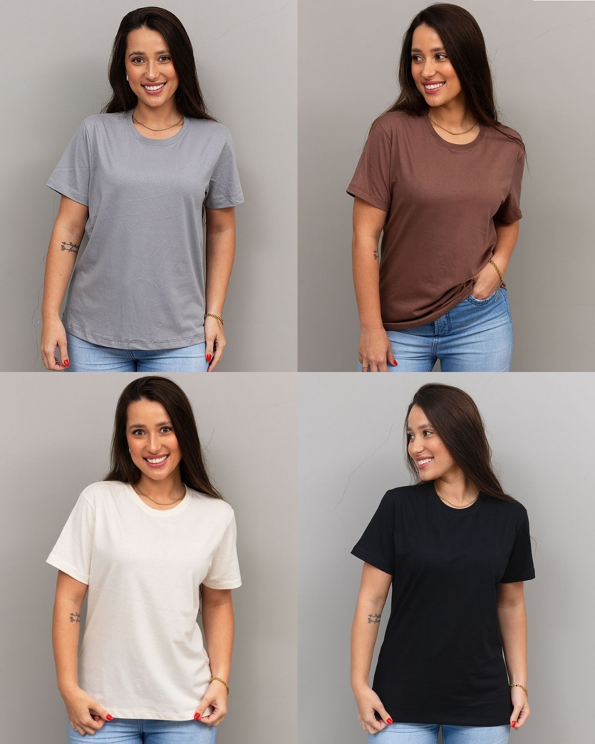 Combo 4 Camisetas Femininas 100% Algodão - Cinza + Marrom + Off White + Preta
