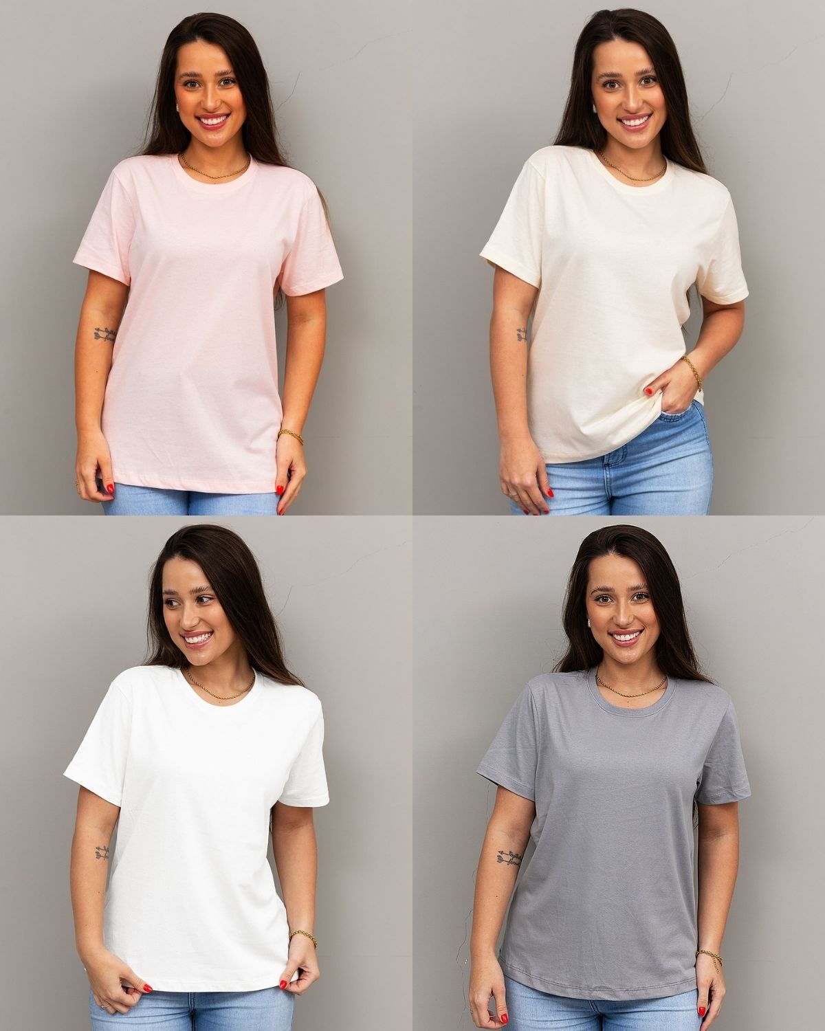 combo 4 camisetas femininas 100% algodão - Rosa + Off white + Branco + Cinza