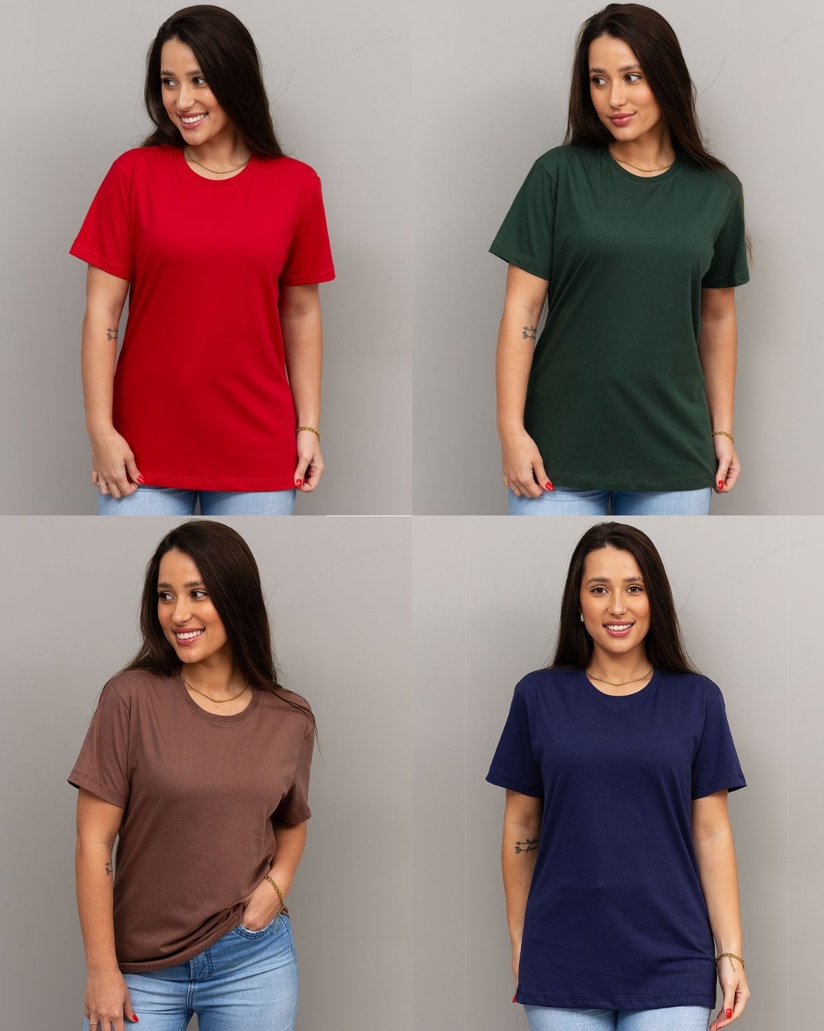 combo 4 camisetas femininas 100% algodão - Vermelho + Verde + Marrom + Azul
