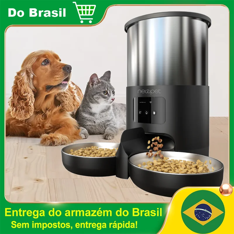 Comedouro Automático Newpet de 5 Litros para Gatos e Cães com Microfone, Temporizador e Conexão WiFi em Aço Inoxidável
